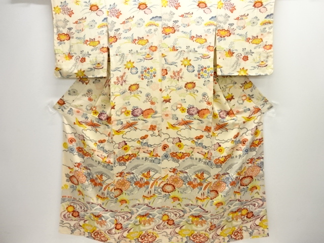 JAPANESE KIMONO / SILK / TAISHO ROMAN STYLE / FLORAL PLANTS & BUTTERFLY & CRANES